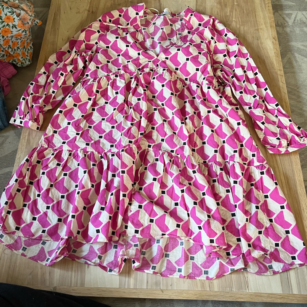 Zara Short printed dress ruffled hem fuschia 2183/048